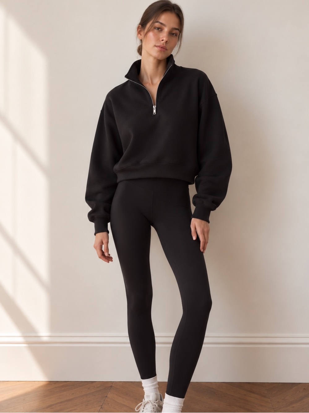 Aritzia TNA Quarter Zip Crop Sweatshirt Black Cozy Fleece size XL